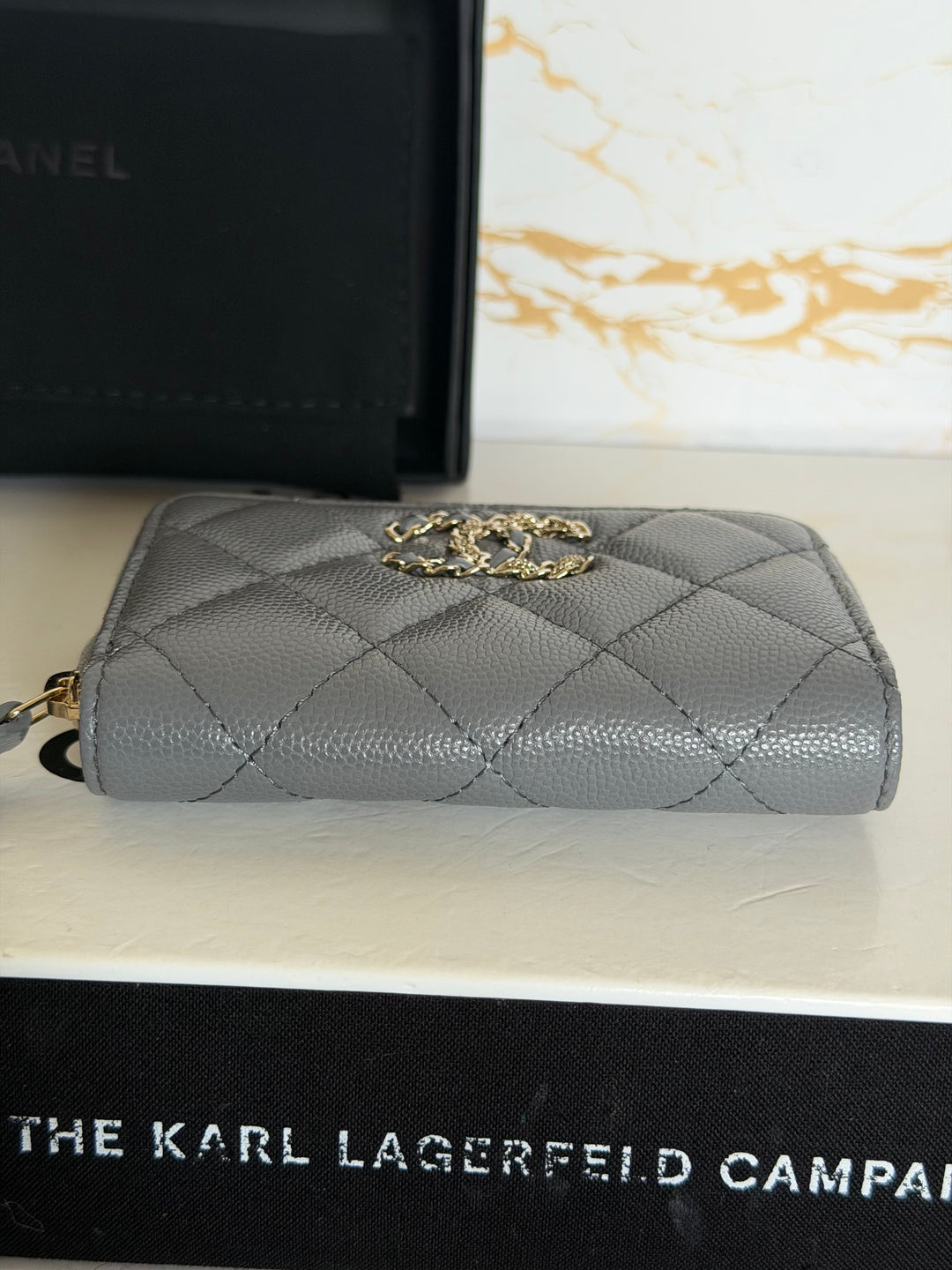 CHANEL 21K 2021 Grey Caviar Big Logo Zippy Coin Purse LGHW