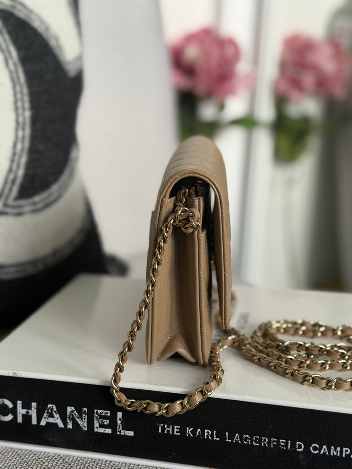 CHANEL 22A Dark Beige Caviar LGHW Classic Wallet on chain (WOC) 2023