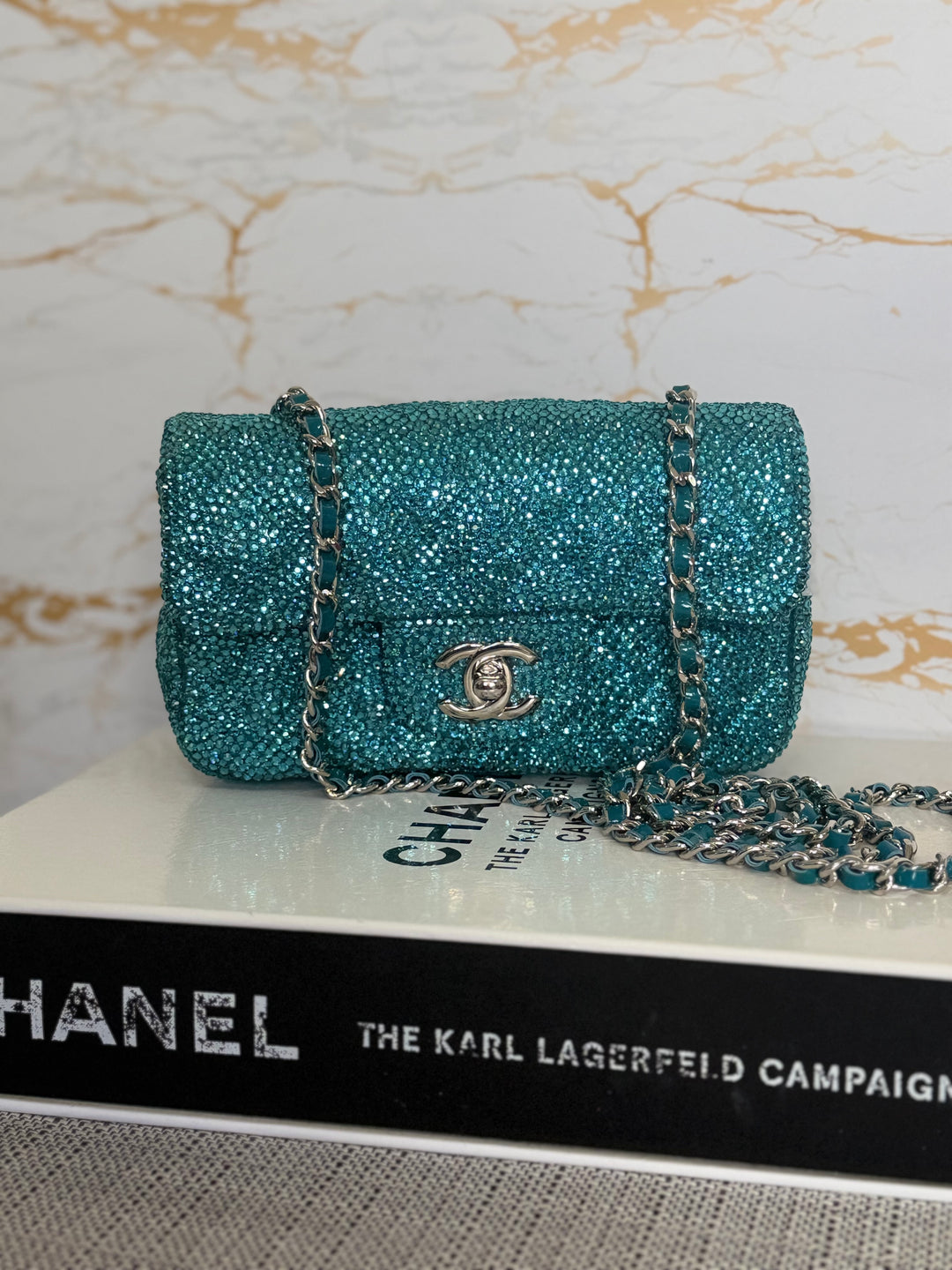 CHANEL series 21 Turquoise Teal Green Blue Diamanté Swarovski Crystal Strasssd Extra Mini Flap Bag with SHW *unicorn* RARE