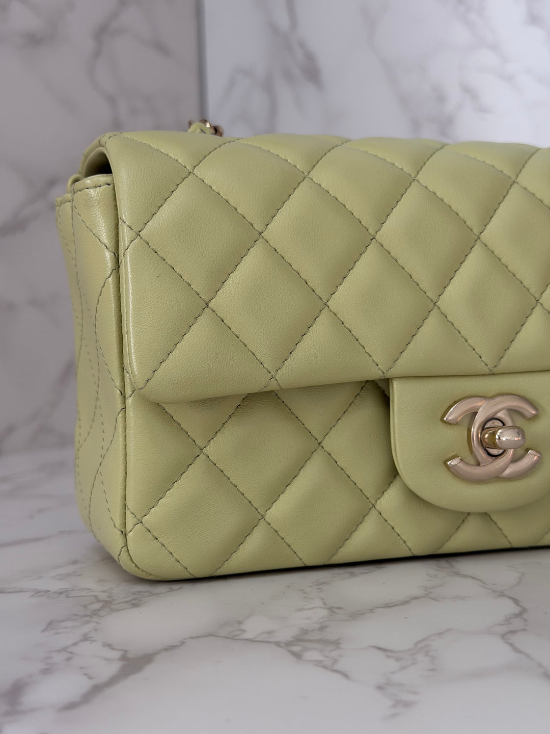 CHANEL 23C Collection 2022/2023 Cruise Pistachio Green Lambskin Mini Rectangular Flap Bag with Champagne GHW