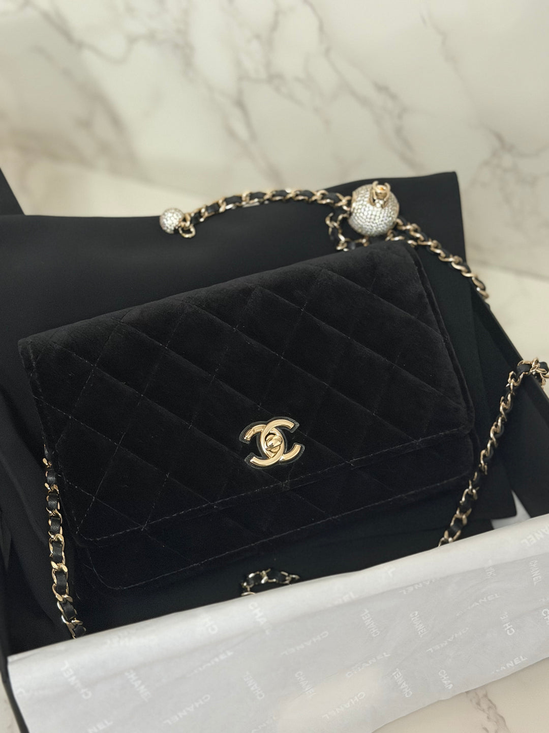 CHANEL 2025 Black Velvet Crystal Pearl Crush Adjustable Strap Wallet on Chain (WOC)