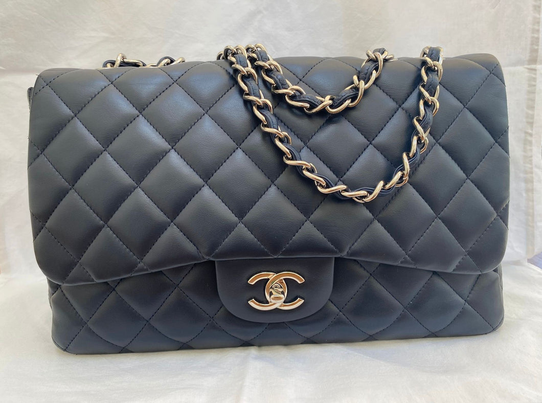 CHANEL Series 13 Navy Lambskin SHW Single Flap Jumbo Classic Bag