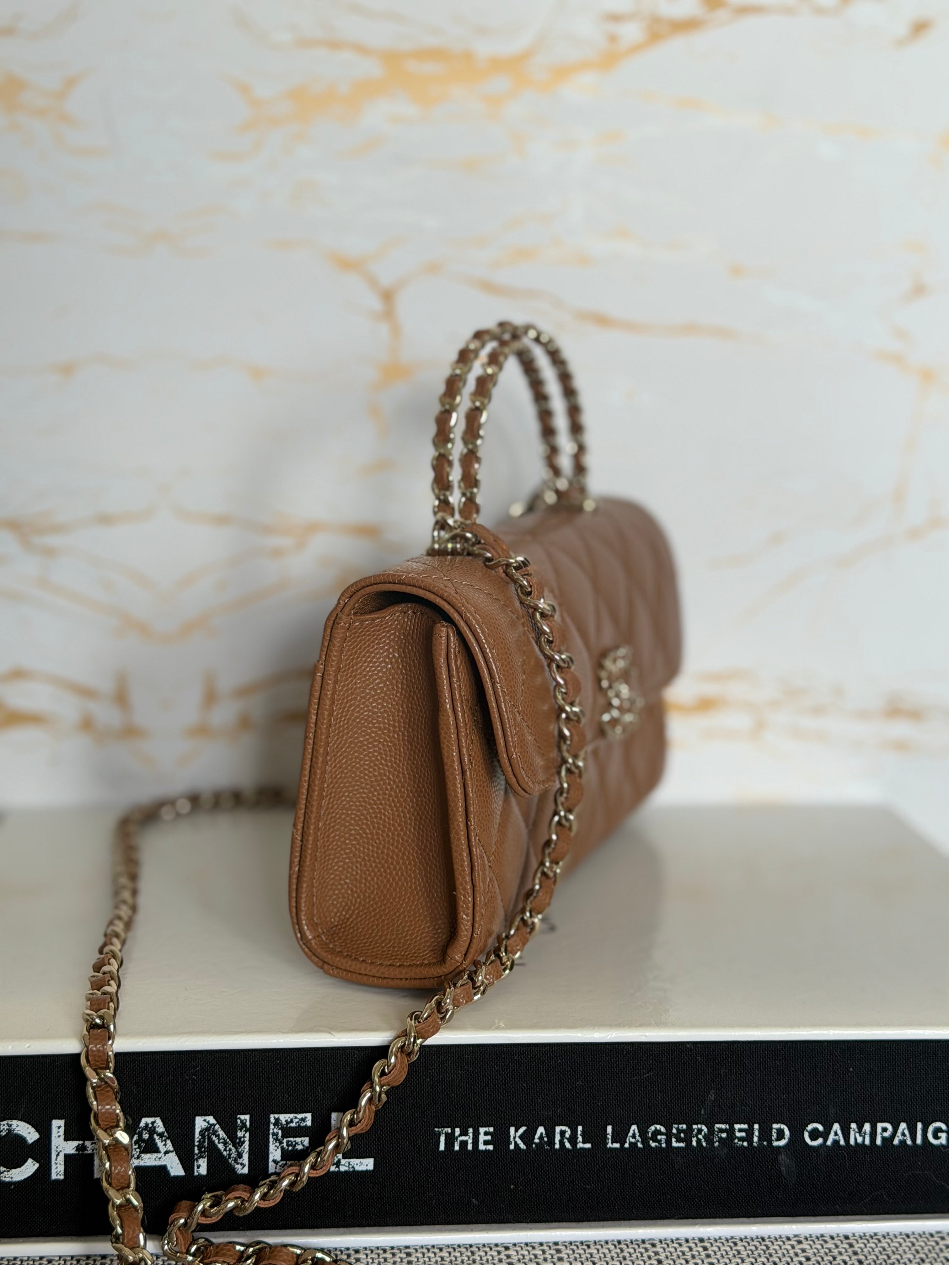 CHANEL 26P Brown Caviar LGHW Top Handle Vanity Clutch with Chain