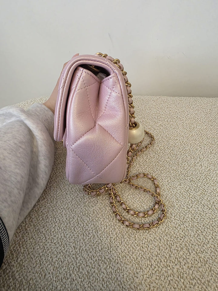 CHANEL 23S Adjustable Pearl Mini (8.25 inches) Rectangular Flap Bag with Pink Lambskin Aged GHW