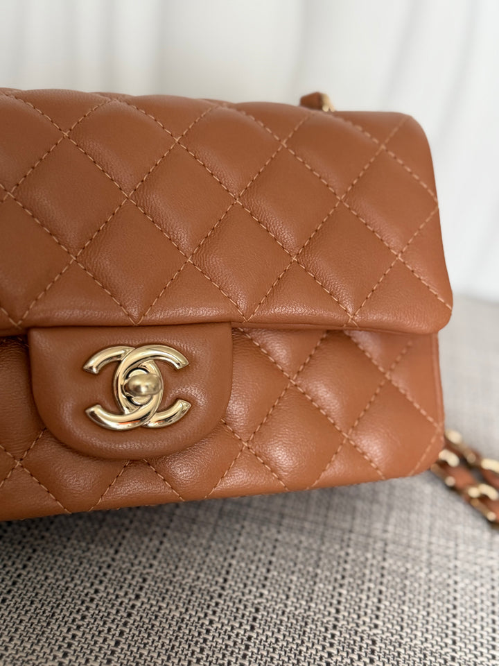 CHANEL 22S collection Caramel Brown NB356 Lambskin LGHW Mini Rectangular Flap Bag 2022