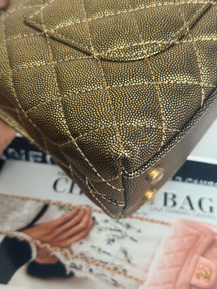 CHANEL series 28 19A Metallic Bronze Gold Caviar Aged GHW Coco Handle Flap Bag size SMALL with detachable shoulder strap 2019