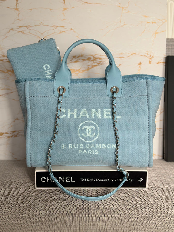 CHANEL Blue Tweed Deauville Tote Bag size SMALL with leather top handle SHW 2022