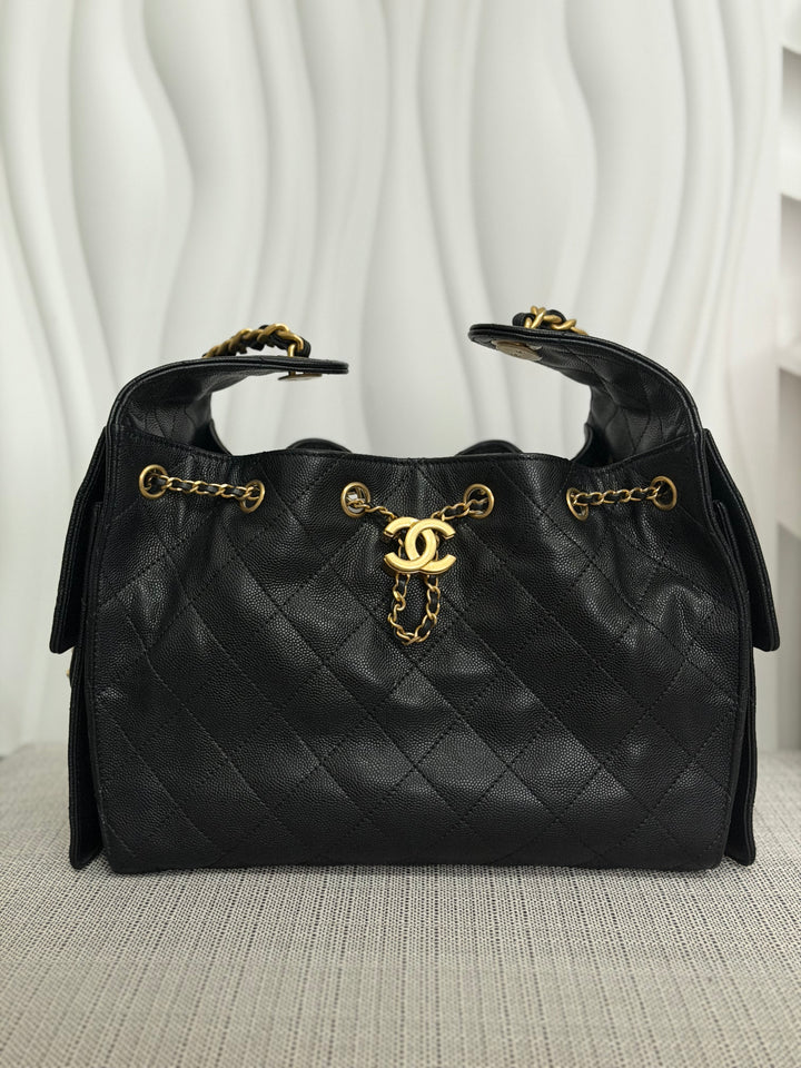 CHANEL 25 Black Caviar Aged GHW Hobo Bag size SMALL