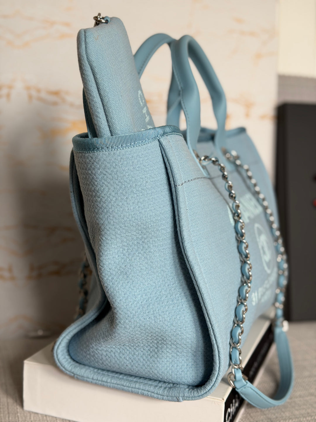 CHANEL Blue Tweed Deauville Tote Bag size SMALL with leather top handle SHW 2022