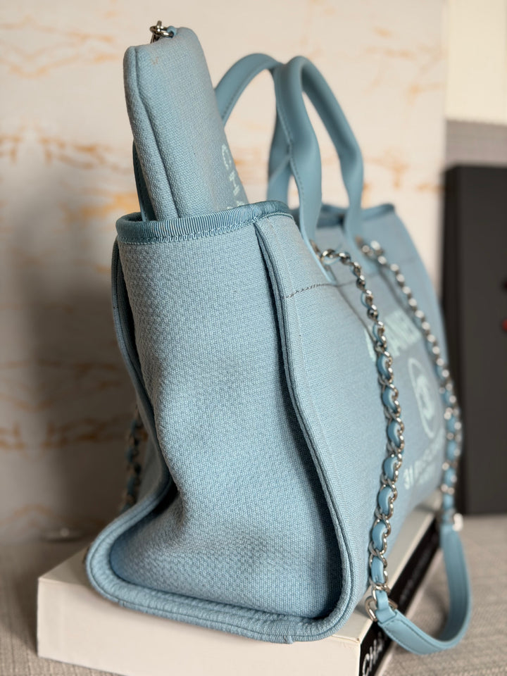 CHANEL Blue Tweed Deauville Tote Bag size SMALL with leather top handle SHW 2022