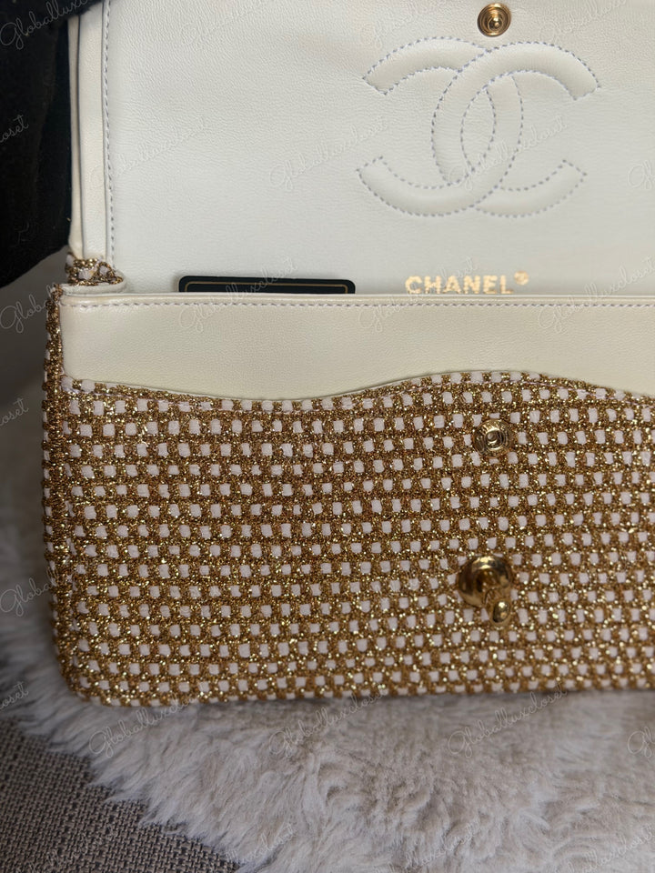 CHANEL series 17 Beige/Ivory Gold Tweed Medium ML Timeless Classic Double Flap Bag 2012 with LGHW