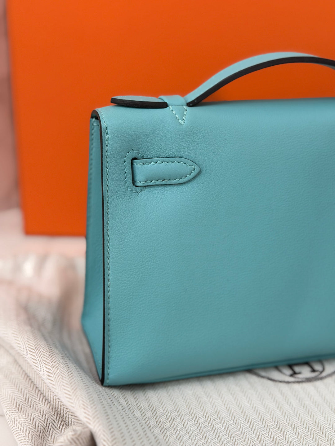 Hermès Kelly Pochette Swift Leather in Bleu Atoll 3P PHW Palladium Hardware Stamp T