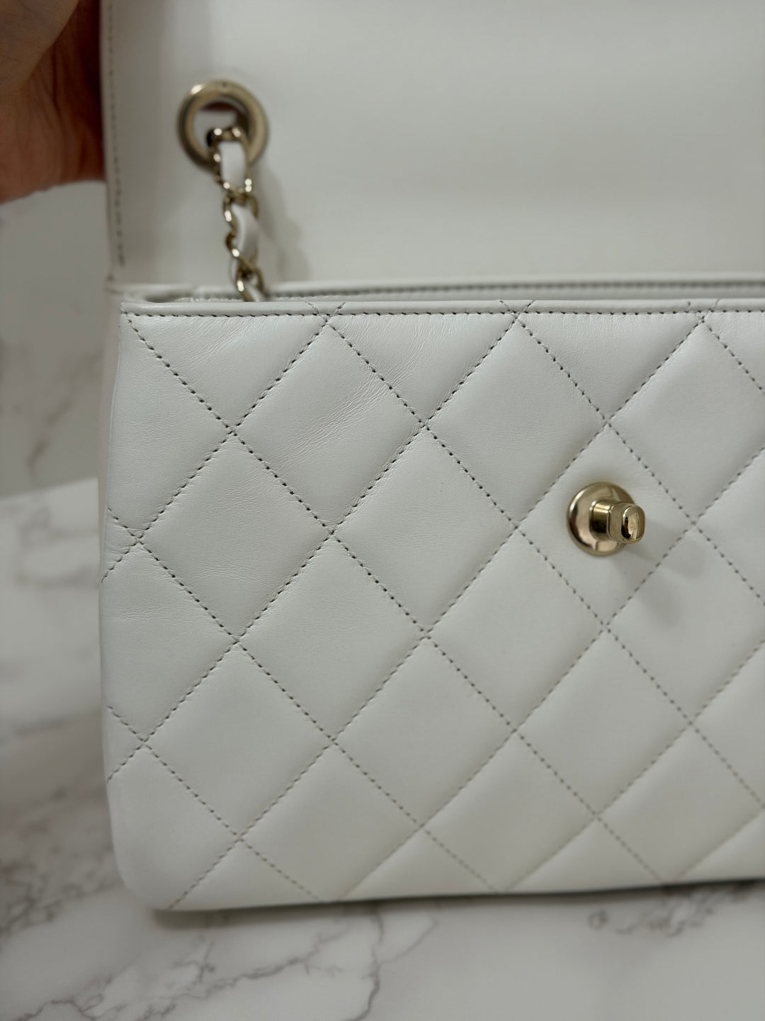 CHANEL 23S collection 2023 White Lambskin LGHW Trendy CC Flap Bag size Small with raised CHANEL Engraved Plate Top Handle