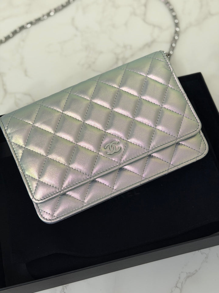 CHANEL 21K Silver Lambskin SHW Classic Wallet On Chain (WOC)