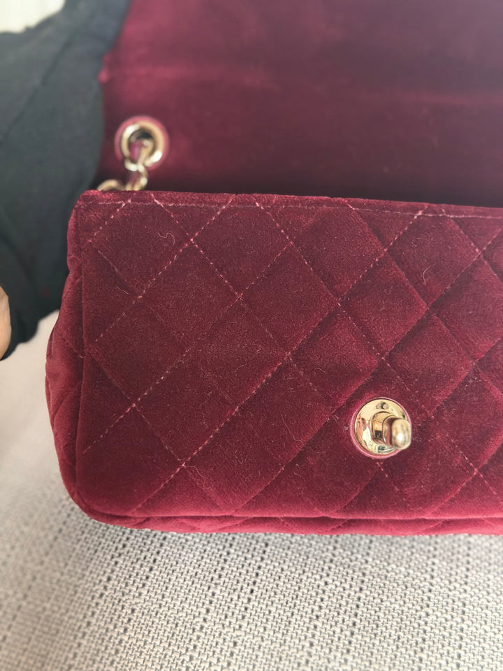 CHANEL series 31 Burgundy Dark Red Velvet Crystal Pearl Crush Adjustable Strap Mini Rectangular Flap Bag 2020/2021