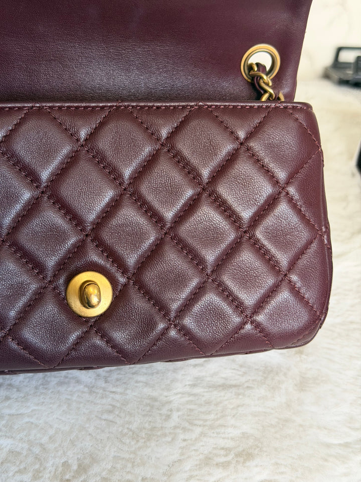 CHANEL 21B Burgundy Lambskin Aged GHW Pearl Crush Mini Rectangular Flap Bag 2021
