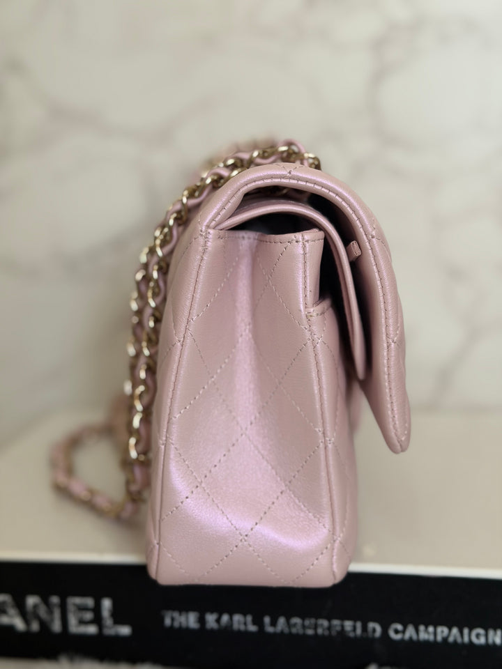 CHANEL 21S iridescent Pink Calf Skin LGHW Medium ML Timeless Classic Double Flap Bag series 31 2021