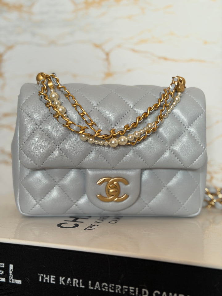 CHANEL Pearl Twist Pearly Light Blue Lambskin Mini Flap Bag 2023