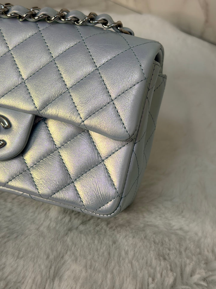 CHANEL 21K 2021 Iridescent light Blue Calf skin SHW Mini rectangular flap bag microchip