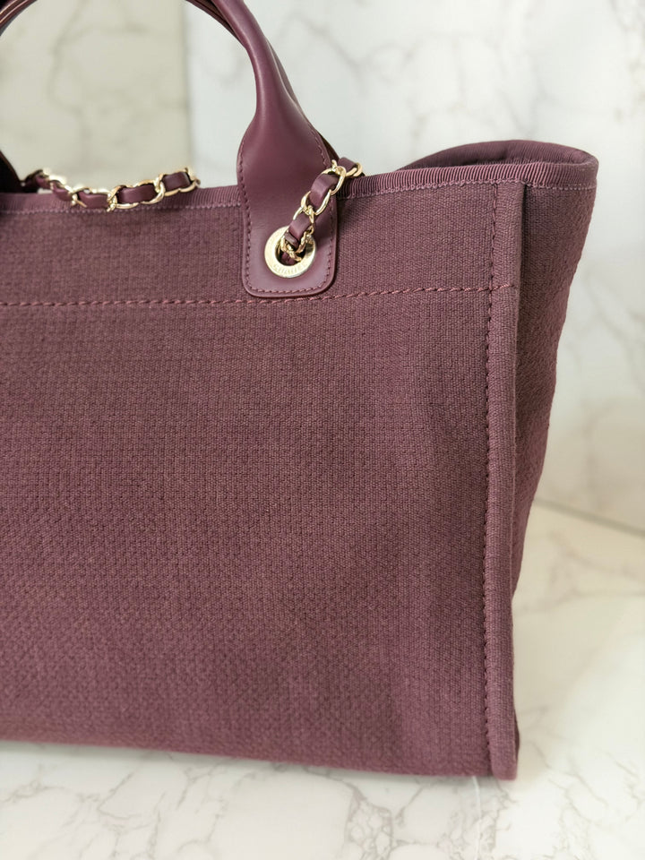 Chanel 24B Collection 2024 Burgundy Tweed Deauville Tote with Leather top handle size small and Detachable pouch