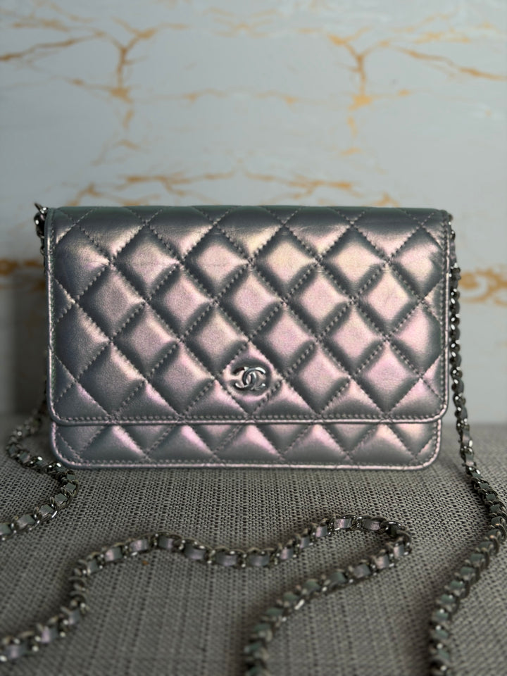 CHANEL Silver Lambskin SHW Classic Wallet on Chain (WOC) 2022