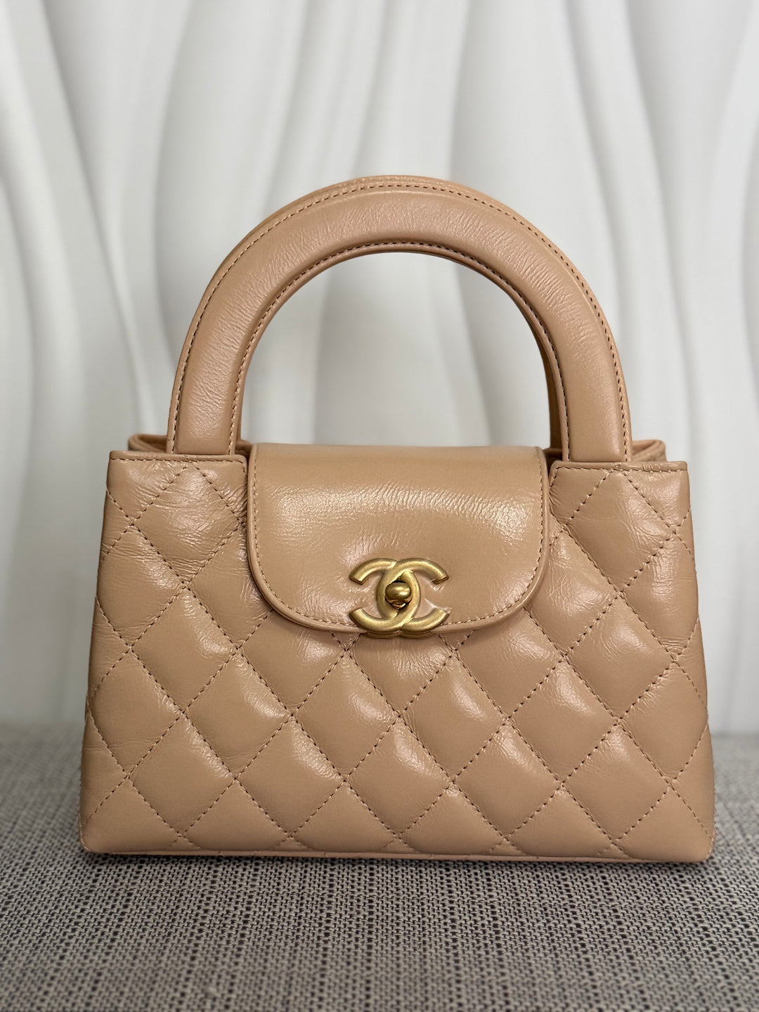 CHANEL 25C Powder Beige Calf Skin aged GHW Kelly Nano Shopping Bag Size Small 19 cms