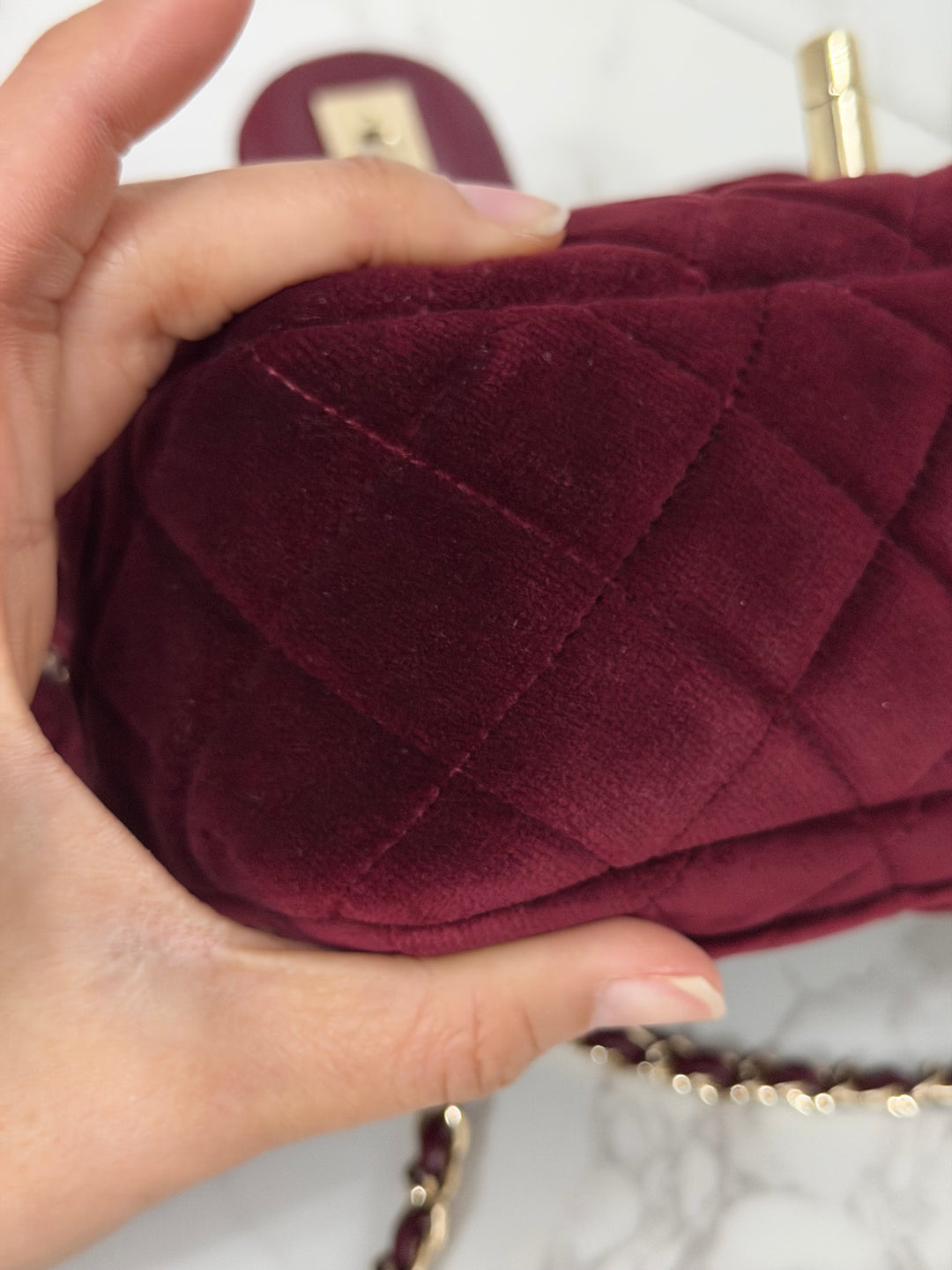 CHANEL series 31 Dark Red/Burgundy Velvet Adjustable Crystal Pearl Crush Mini Rectangular Flap Bag LGHW 2020/2021