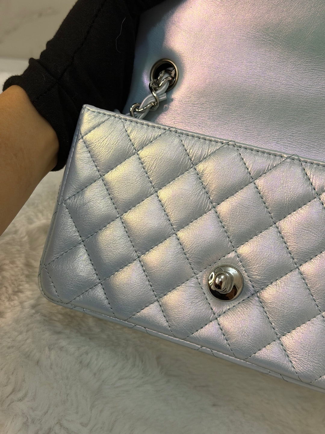 CHANEL 21K 2021 Iridescent light Blue Calf skin SHW Mini rectangular flap bag microchip