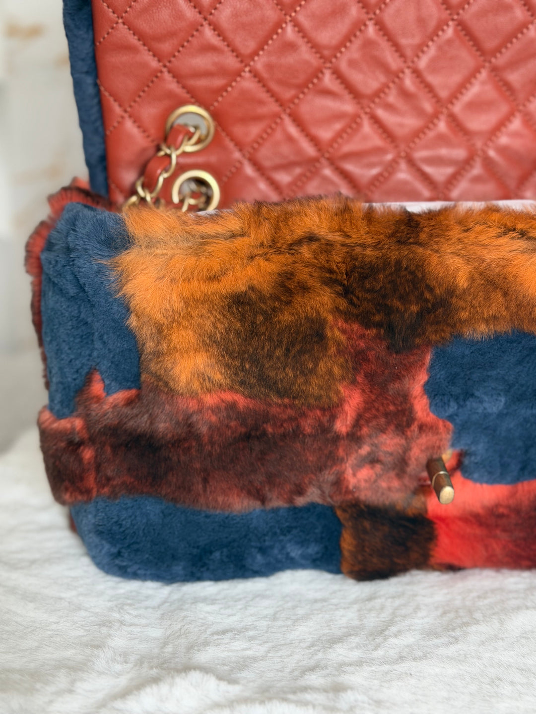CHANEL series 28 Orylag Red Orange Navy Fur Flap Bag with GHW Medium Single Flap Bag 2018