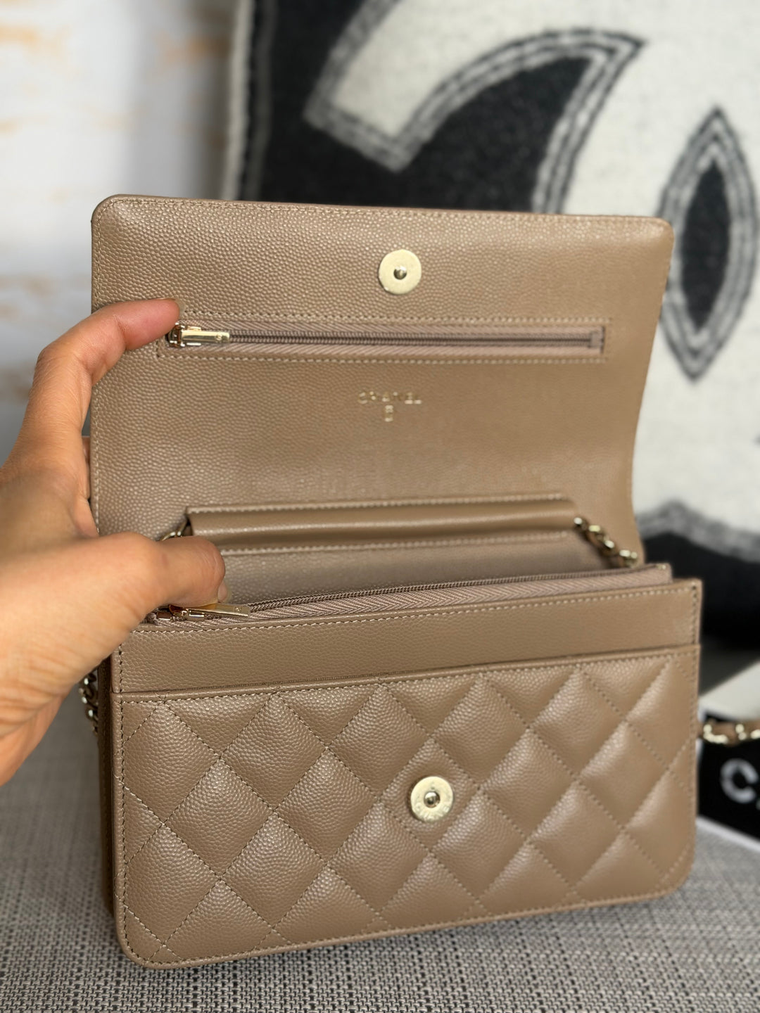 CHANEL 22A Dark Beige Caviar LGHW Classic Wallet on chain (WOC) 2023