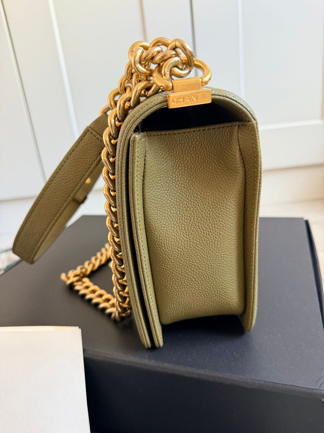 CHANEL series 23 Khaki Green Caviar with Pink lining NEW Medium Le Boy Flap Bag 2016