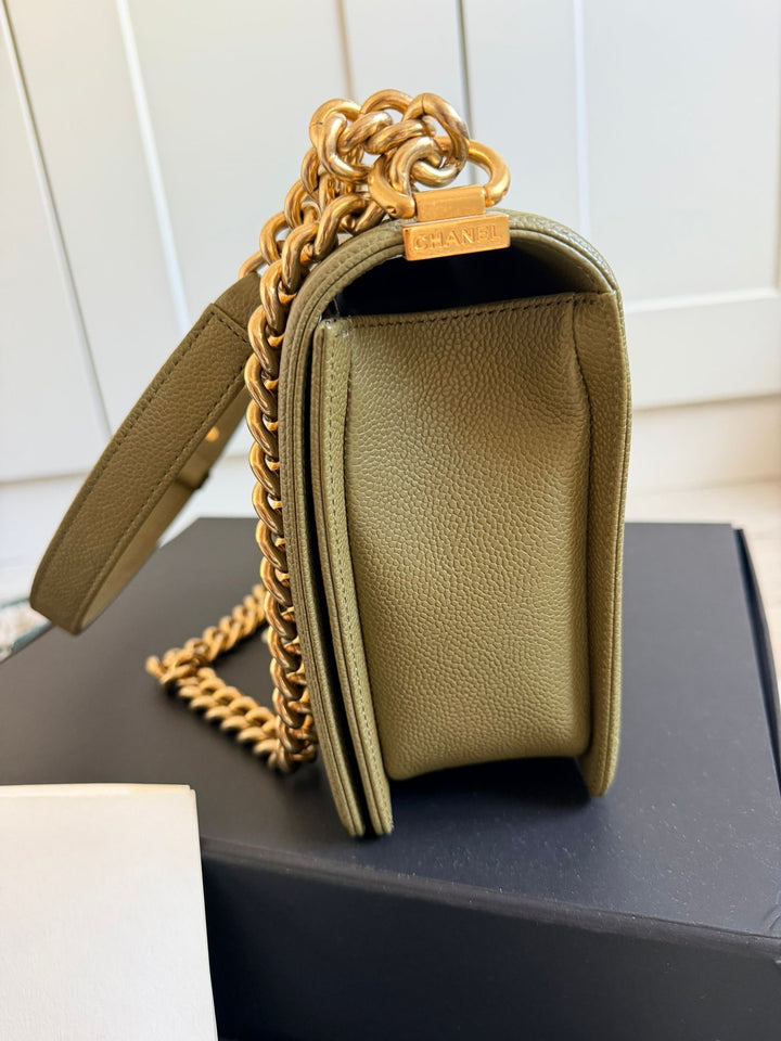 CHANEL series 23 Khaki Green Caviar with Pink lining NEW Medium Le Boy Flap Bag 2016