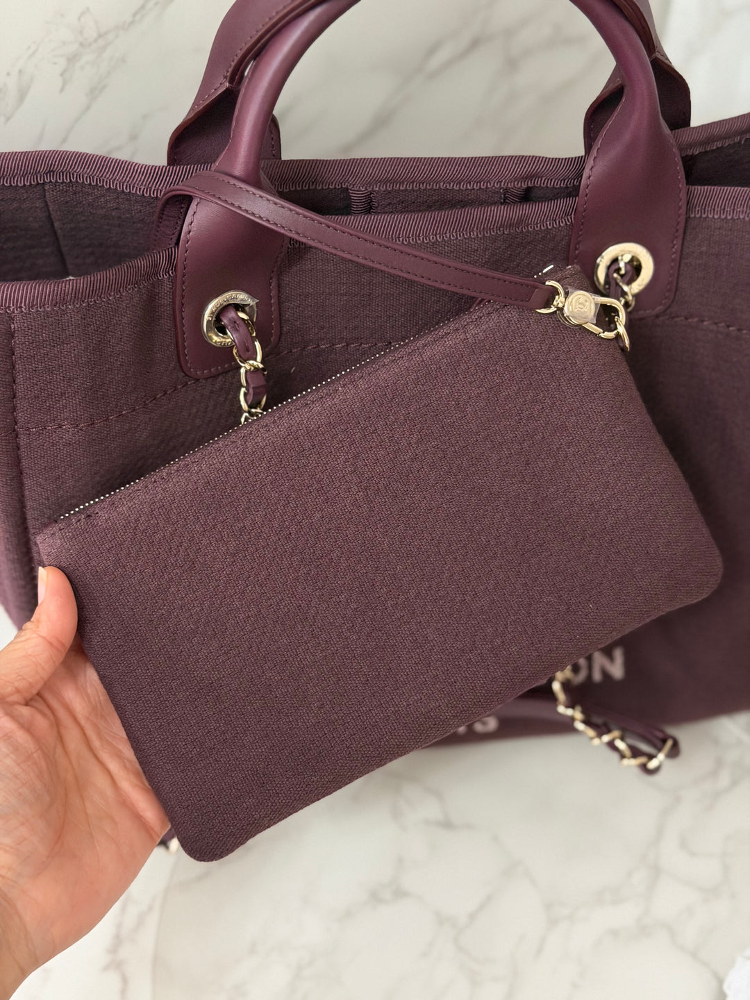 Chanel 24B Collection 2024 Burgundy Tweed Deauville Tote with Leather top handle size small and Detachable pouch