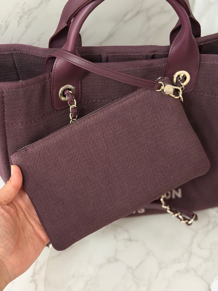 Chanel 24B Collection 2024 Burgundy Tweed Deauville Tote with Leather top handle size small and Detachable pouch