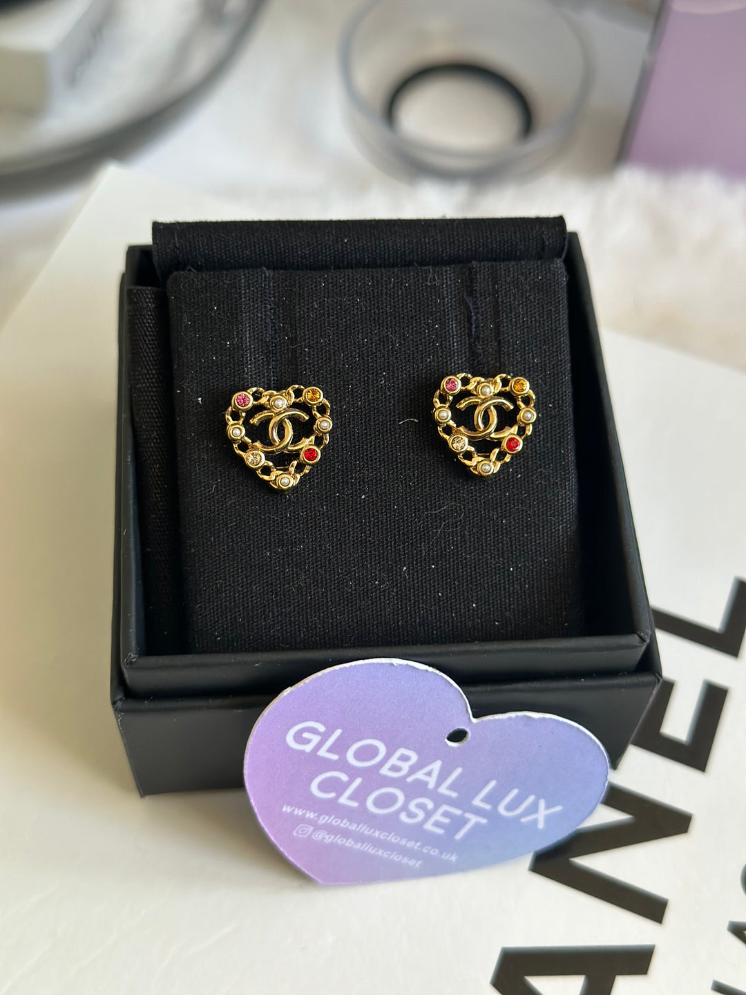 Chanel 21A Heart Multi coloured gems Gold tone earrings
