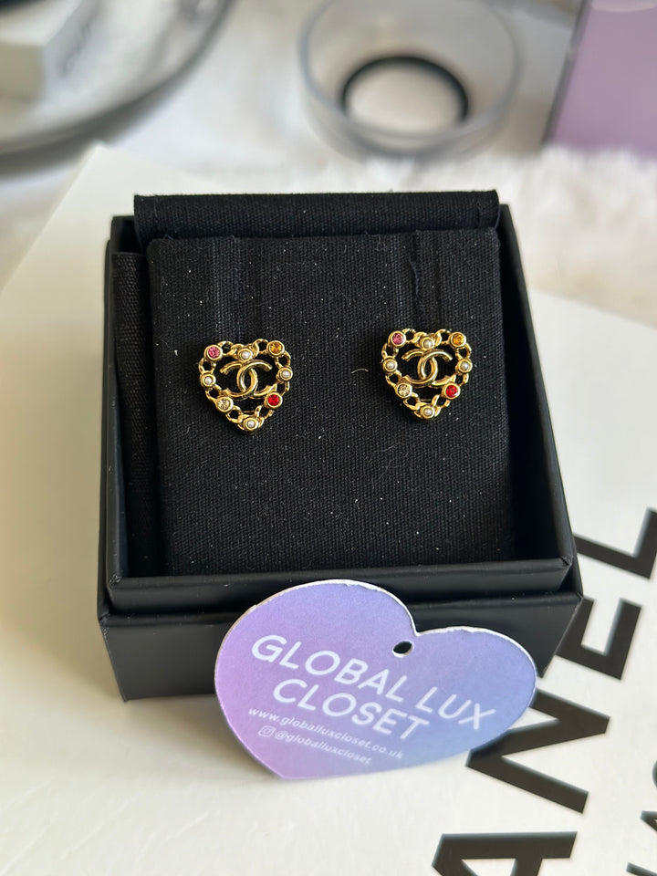 Chanel 21A Heart Multi coloured gems Gold tone earrings