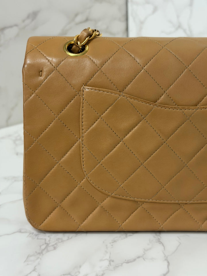 CHANEL series 4 Vintage 24K GHW Dark Beige Lambskin Timeless Classic Medium Double Flap Bag