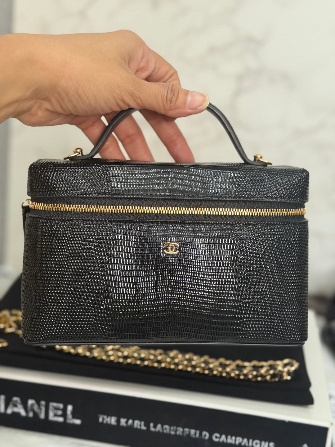 CHANEL Black Lizard Embossed Calf Skin GHW LP Long Vanity with top handle 26A 2026