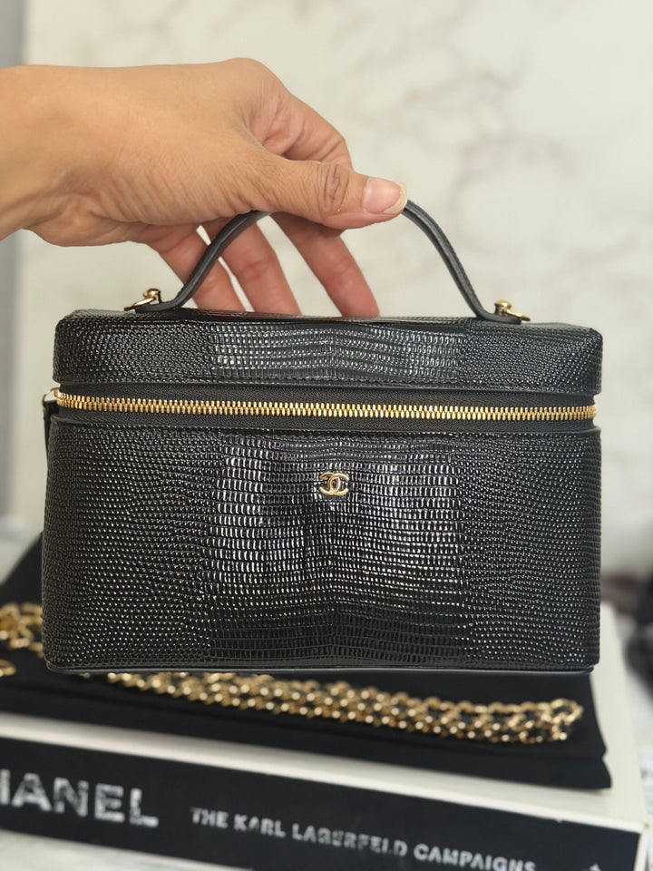 CHANEL Black Lizard Embossed Calf Skin GHW LP Long Vanity with top handle 26A 2026