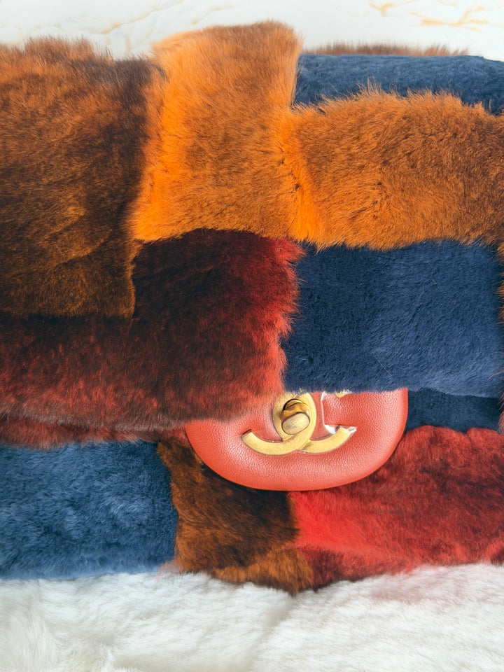 CHANEL series 28 Orylag Red Orange Navy Fur Flap Bag with GHW Medium Single Flap Bag 2018