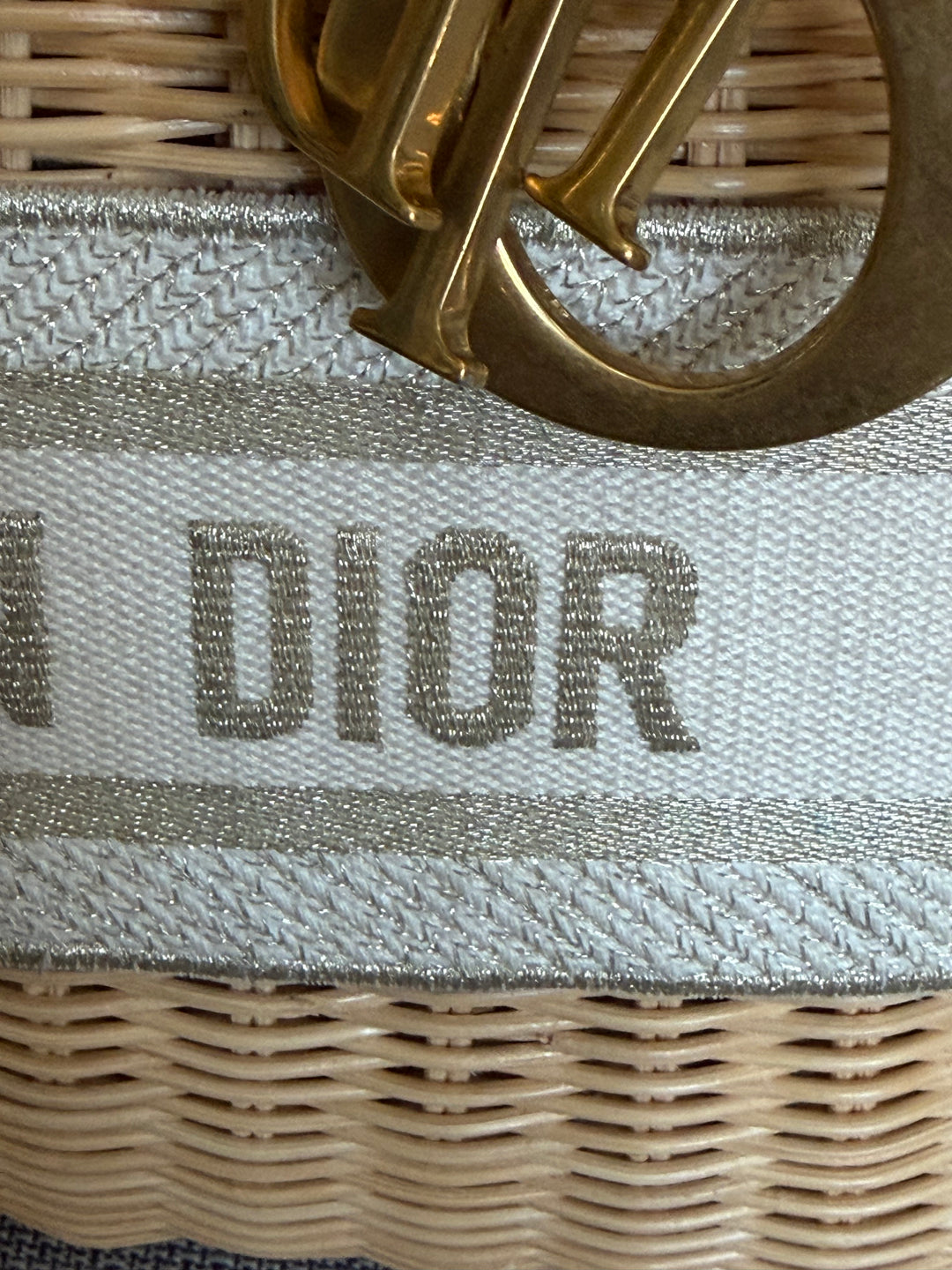 DIOR Lady Dior White/Gold Wicker Bag size SMALL with Guitar Strap