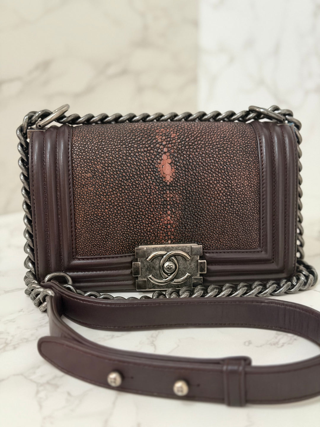 Chanel series 21 2015 Burgundy Lambskin Stingray SMALL Le Boy Flap Bag with Ruthenium HW