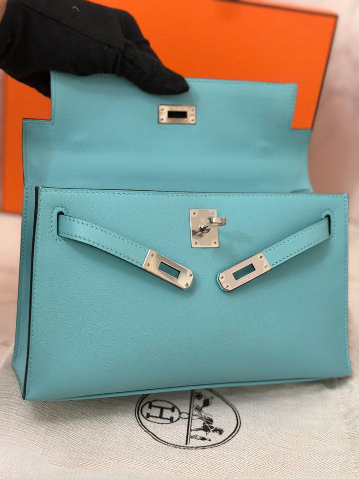 Hermès Kelly Pochette Swift Leather in Bleu Atoll 3P PHW Palladium Hardware Stamp T