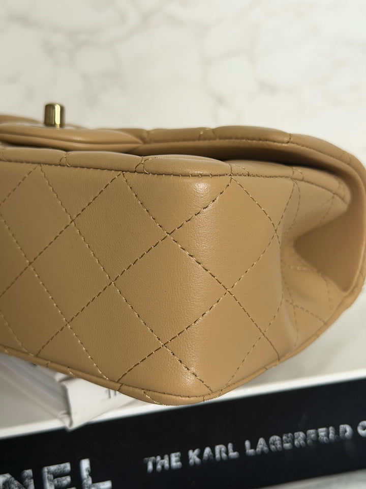 CHANEL Dark Beige Lambskin LGHW Mini Rectangular Flap Bag with Top Handle 2023