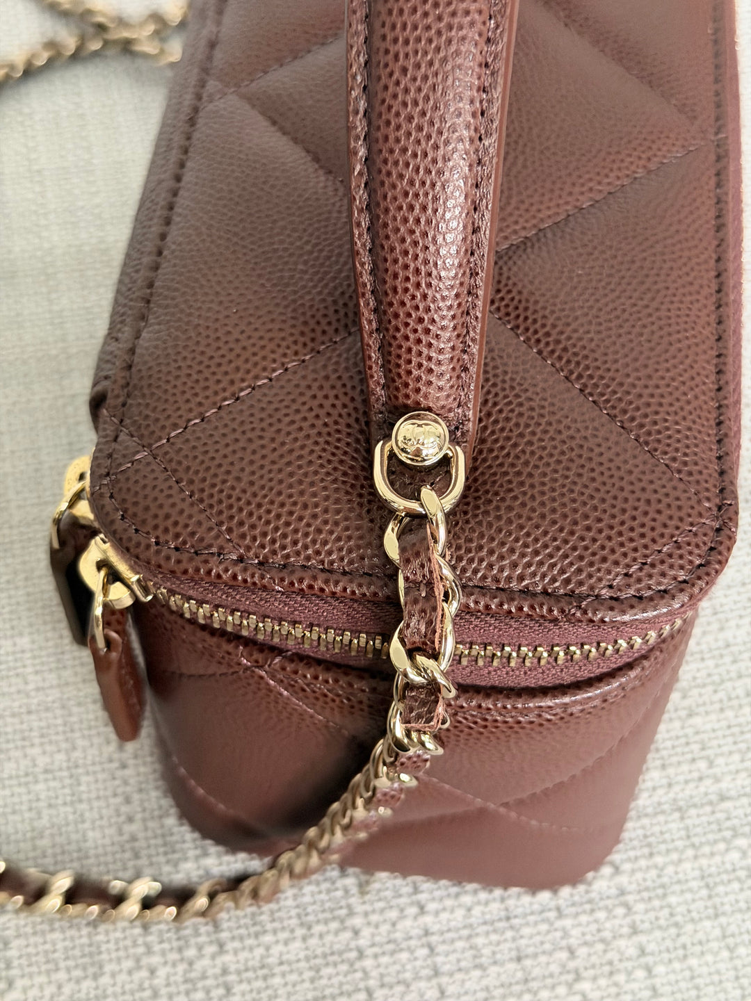 CHANEL 25K 2025 collection Brown Caviar LGHW Leather Top Handle Small Vanity with Chain