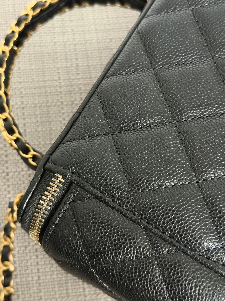 CHANEL Black Caviar Metal Top Handle Small Vanity with Chain 2025 Aged GHW