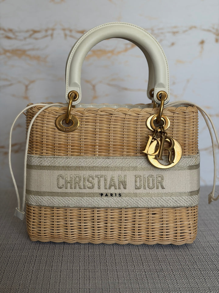 DIOR Lady Dior White/Gold Wicker Bag size SMALL with Guitar Strap