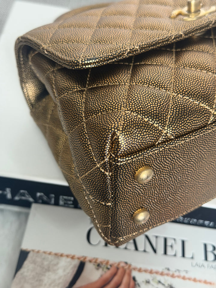 CHANEL series 28 19A Metallic Bronze Gold Caviar Aged GHW Coco Handle Flap Bag size SMALL with detachable shoulder strap 2019