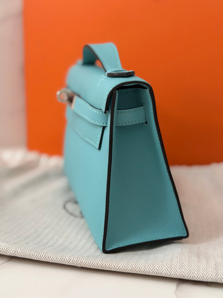 Hermès Kelly Pochette Swift Leather in Bleu Atoll 3P PHW Palladium Hardware Stamp T