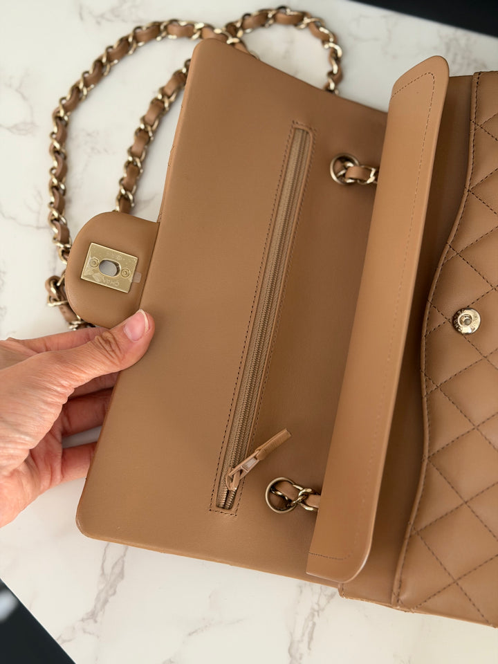 CHANEL 22K 2022 Dark Beige Lambskin LGHW Medium ML Timeless Classic Double Flap Bag